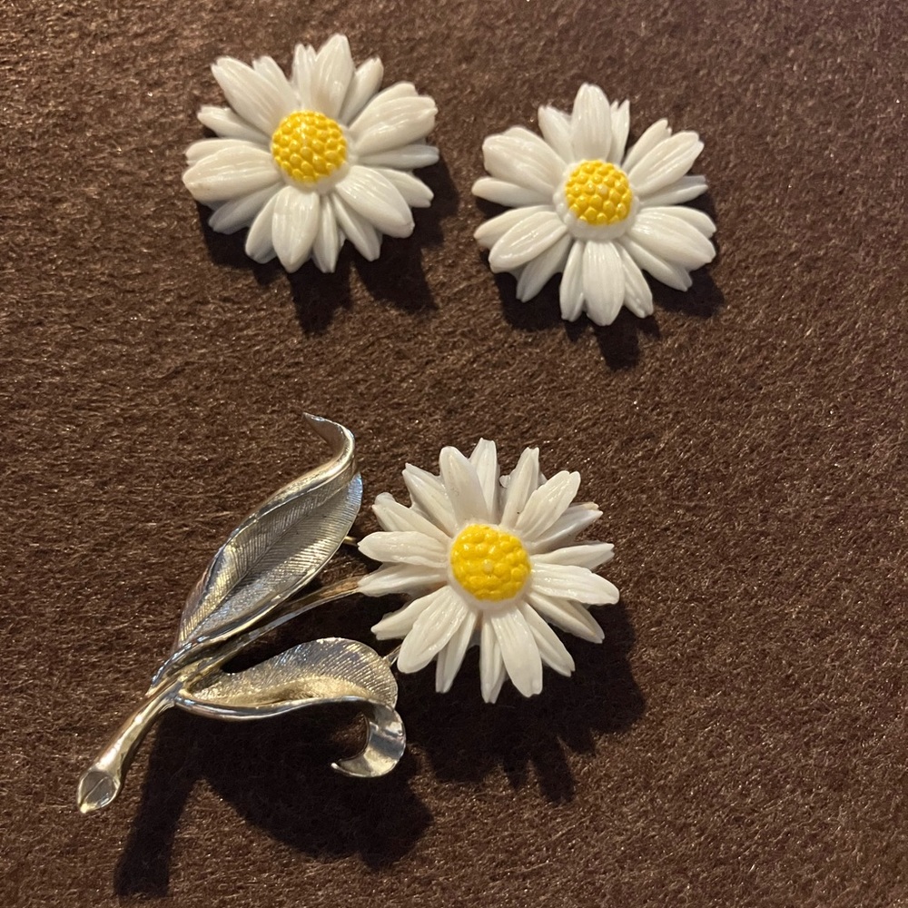 Elegant Silver and White Floral Brooch and Earrings‎ Set